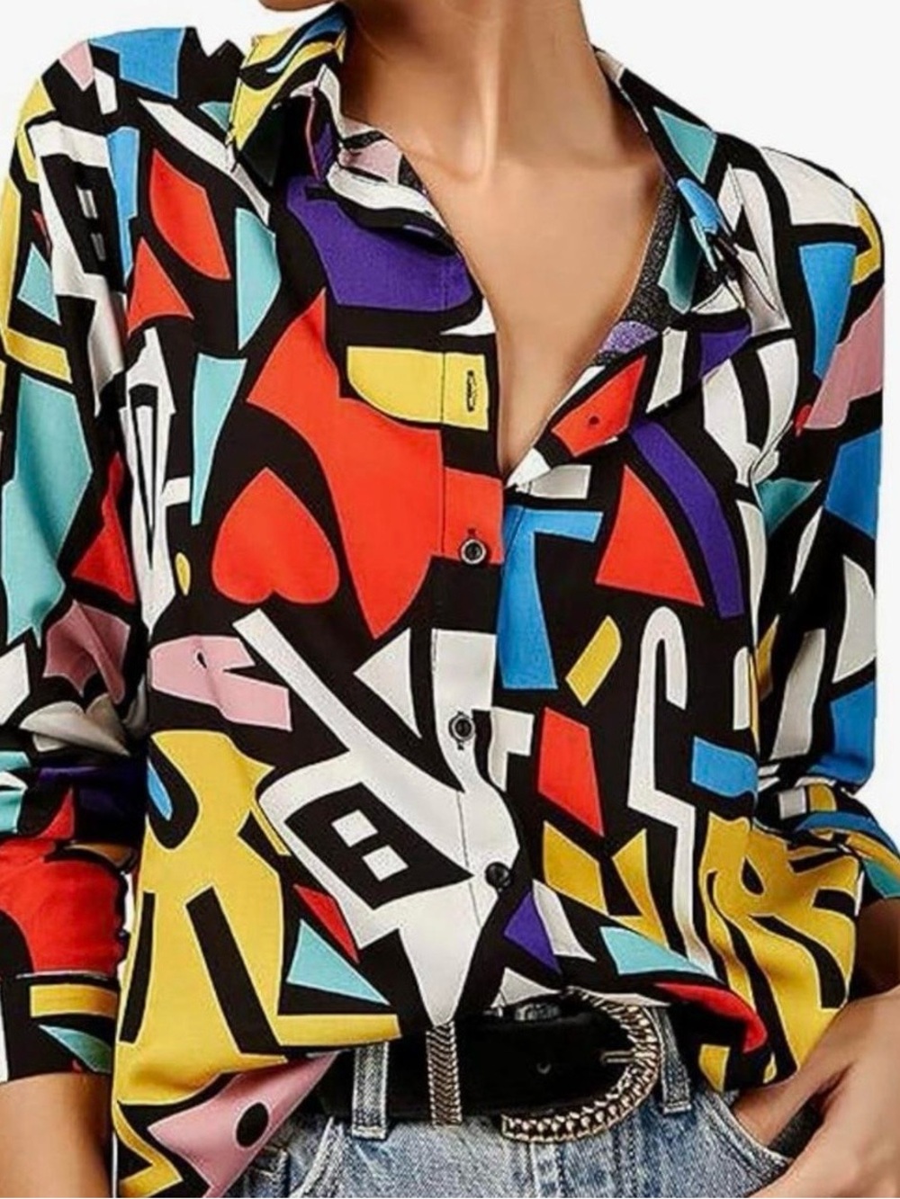 Women's Multicolor Graphic Button-Down Shirt - Contemporary Print